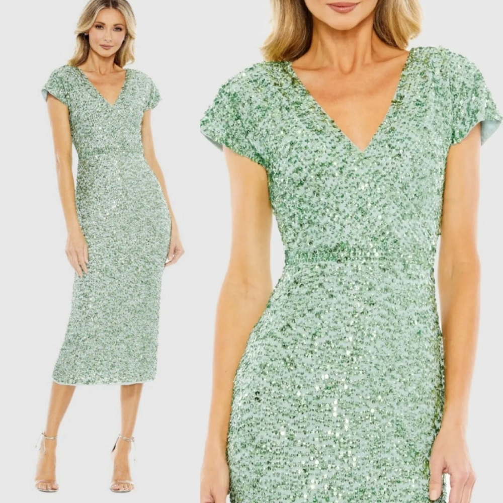 NWT MAC‎ DUGGAL 10766 Sequined Cap Sleeve Wrap Over Cocktail Midi Dress Sage 12